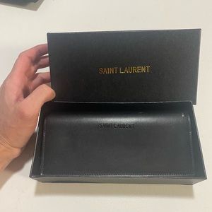 Black leather YSL/ Yves St Laurent sunglasses case w/dust cloth & box.